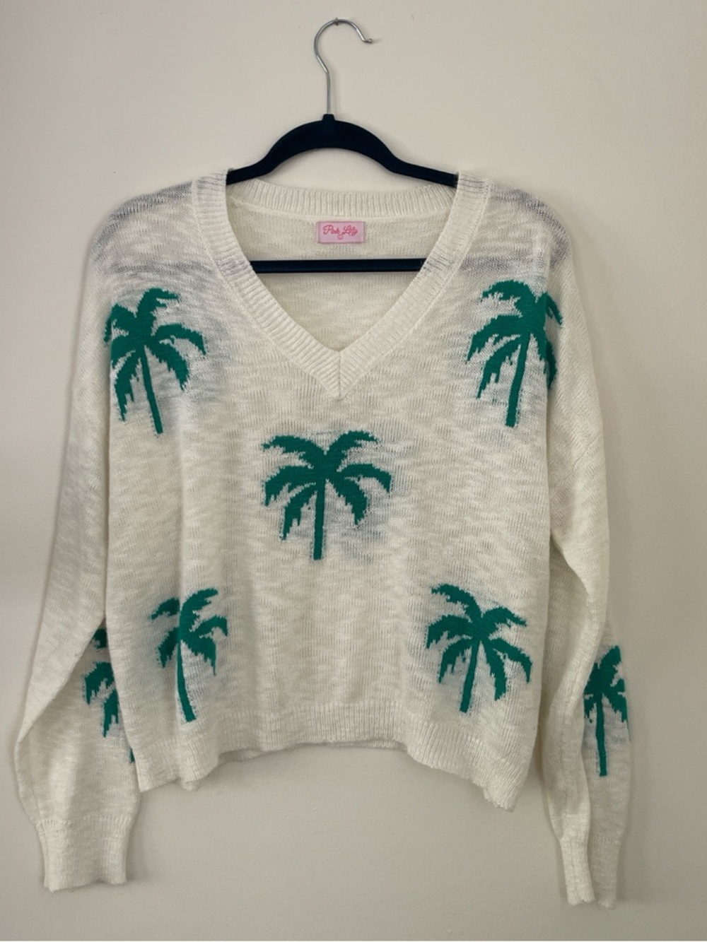 Pink Lily White V-Neck Palm Tree Sweater with Teal Motif